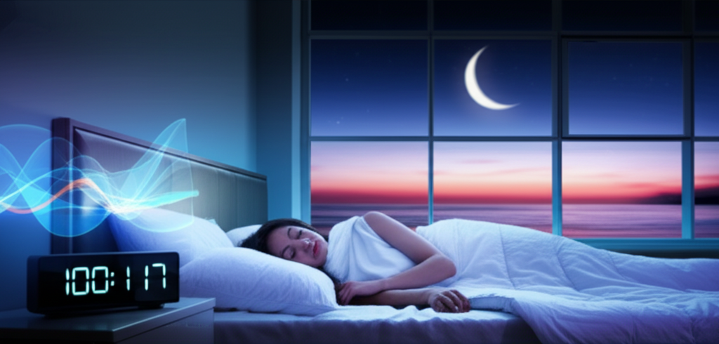 Person waking up refreshed at sunrise